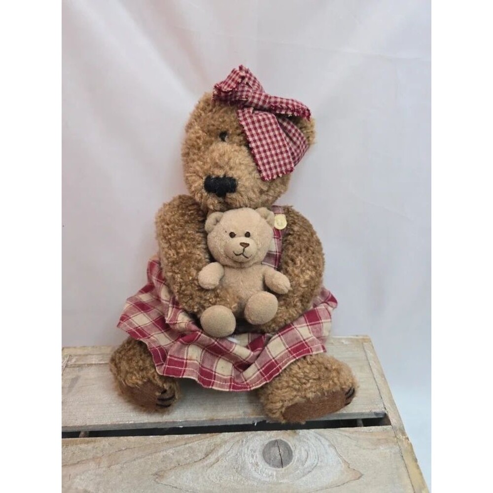 Vintage Boyds Bears Teddy Bear Mom & Baby Set Plaid Dress Bow